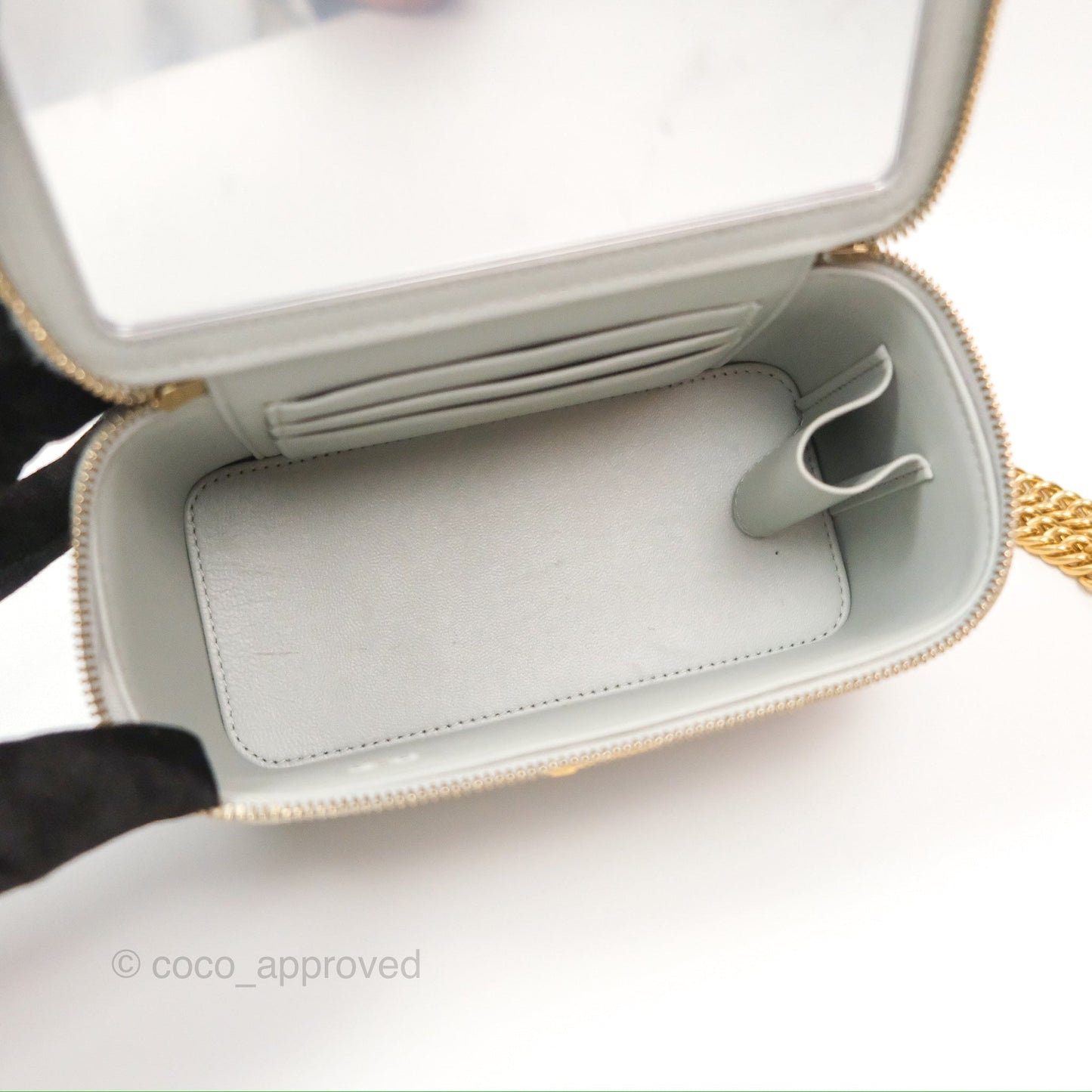 Chanel Quilted Vanity Rectangular with Chain Grey Blue Lambskin Gold Hardware
