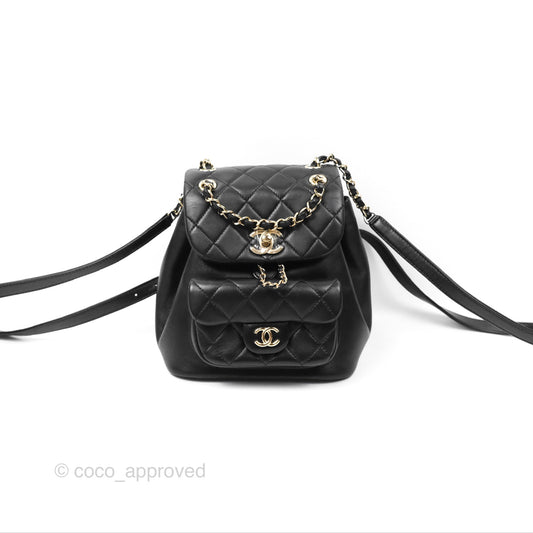 Chanel Quilted Small Duma Drawstring Backpack Black Lambskin Gold Hardware