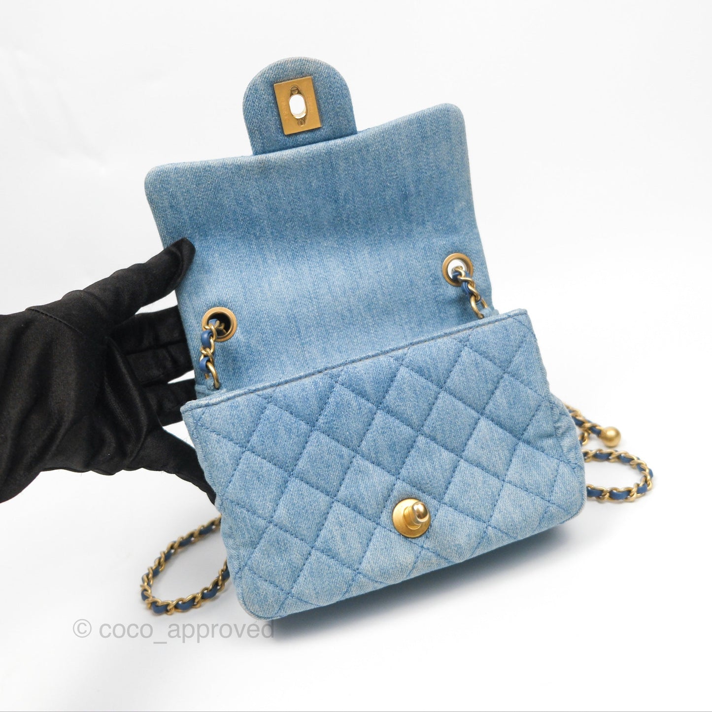 Chanel Mini Square Pearl Crush Quilted Denim Aged Gold Hardware