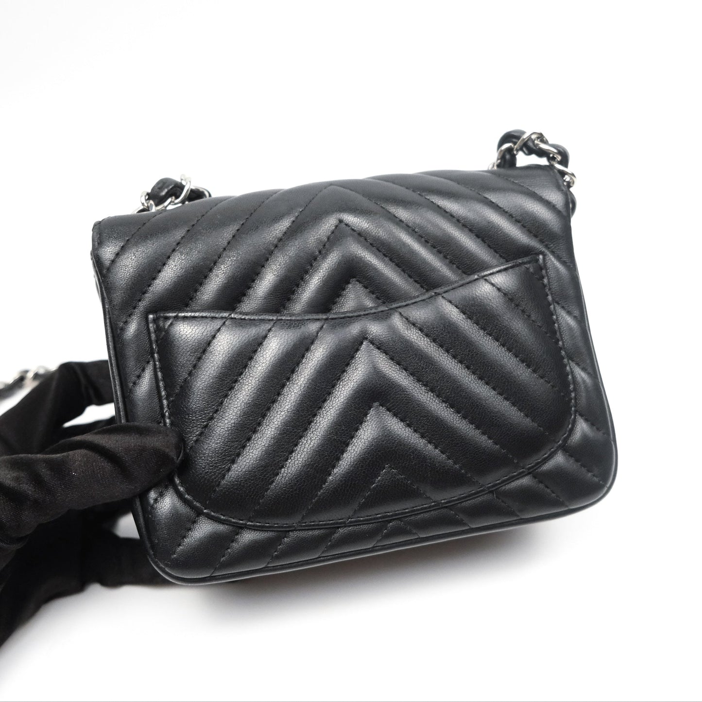 Chanel Mini Square Black Chevron Lambskin Silver Hardware