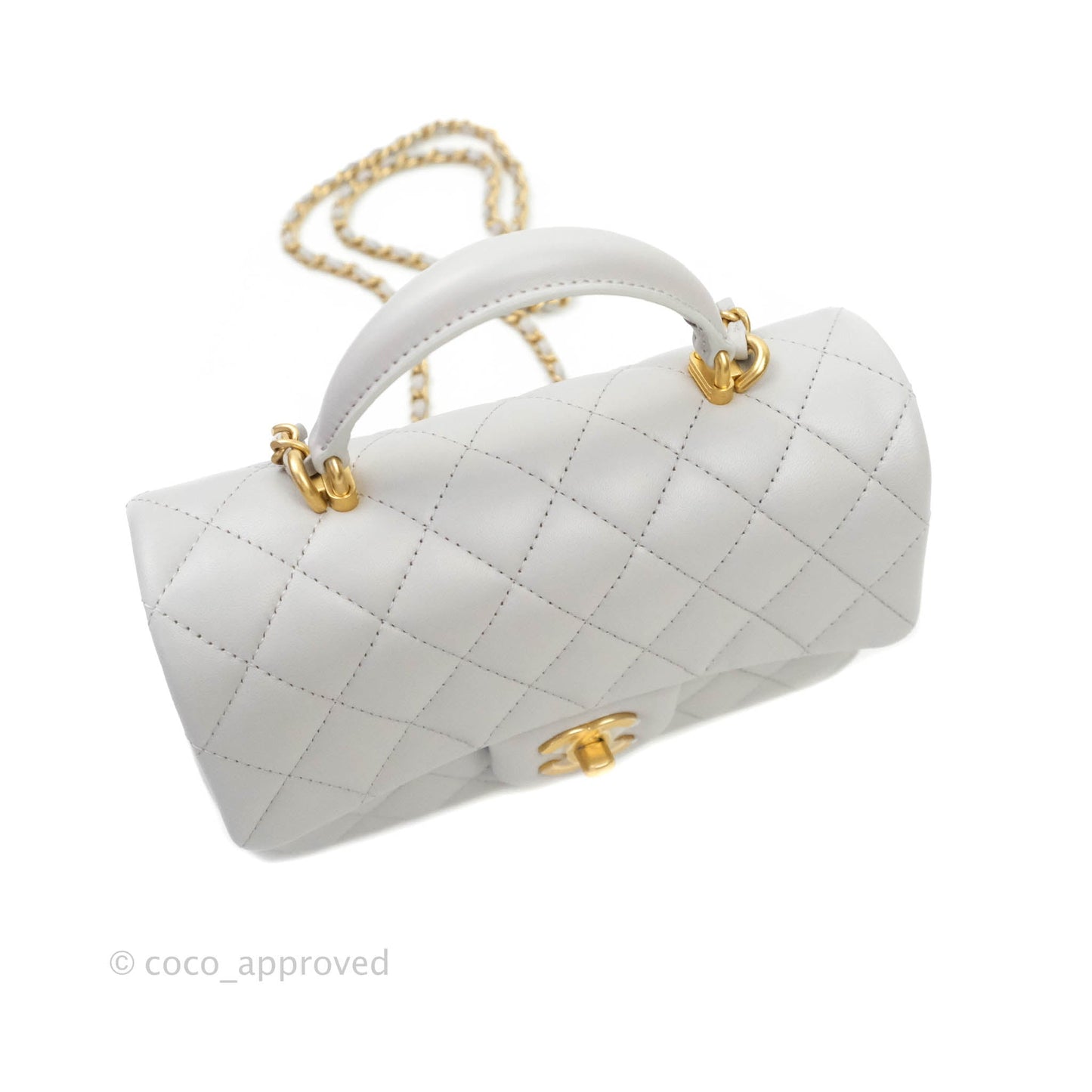 Chanel Top Handle Mini Rectangular Flap Bag Grey Lambskin Aged Gold Hardware