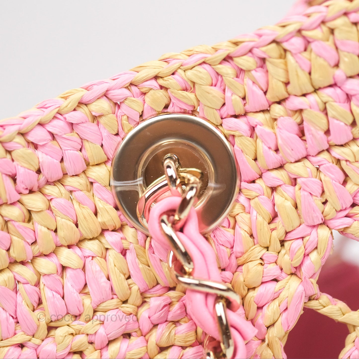 Chanel Coco Beach Bag Raffia Effect Braided Pink Beige Gold Hardware 24A