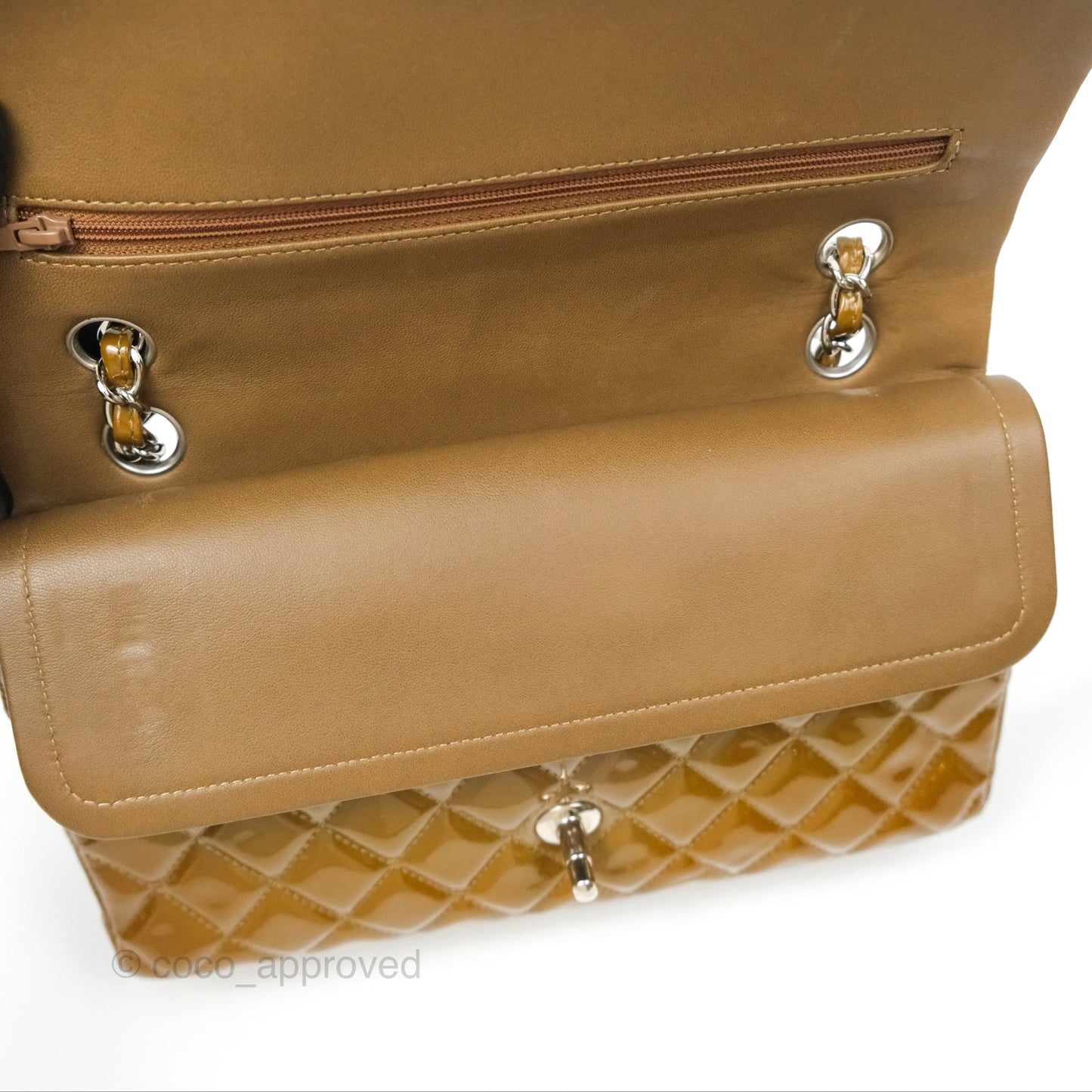 Chanel Classic M/L Medium Flap Quilted Brown Patent Silver Hardware