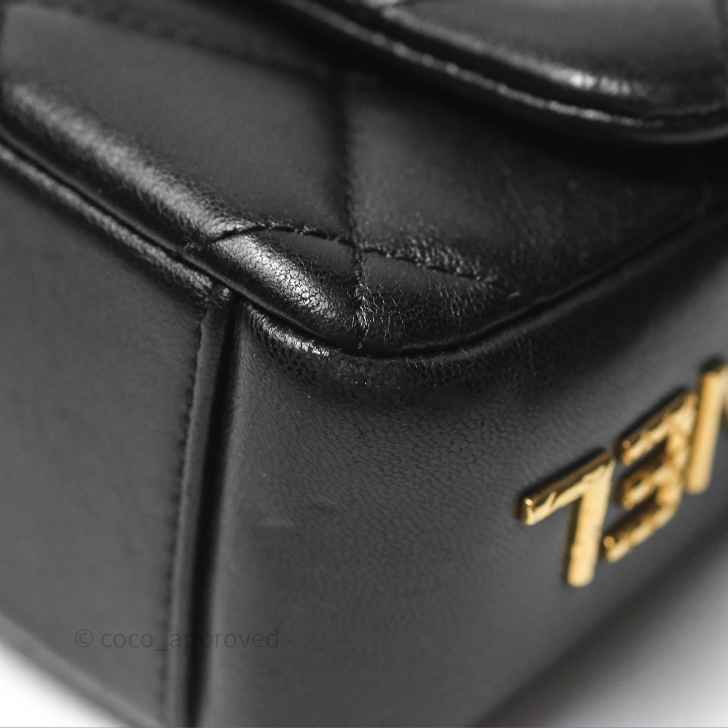 Chanel Logo Mini Square Flap Bag Black Lambskin Aged Gold Hardware 21B