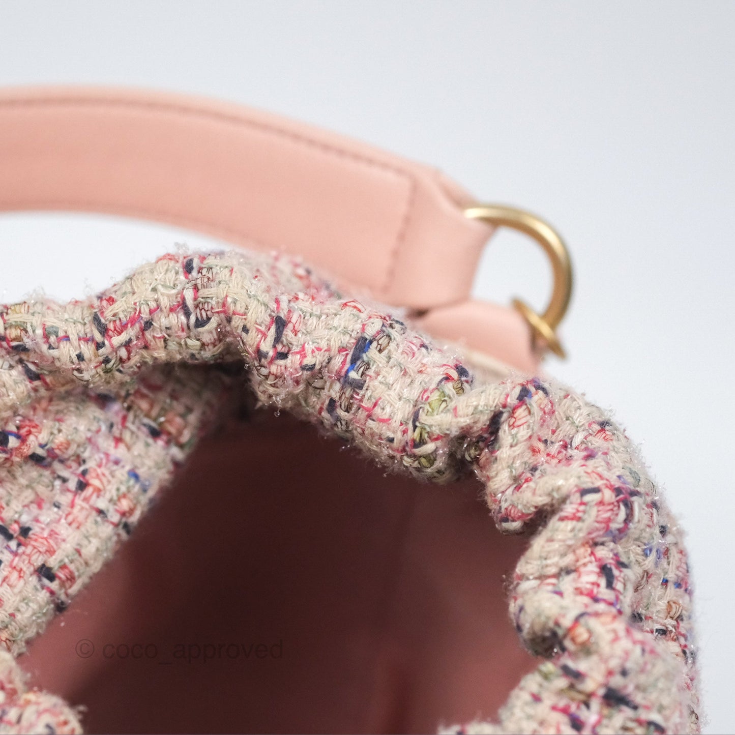 Chanel Quilted Top Handle Drawstring Bucket Bag Calfskin Tweed Pink Aged Gold Hardware