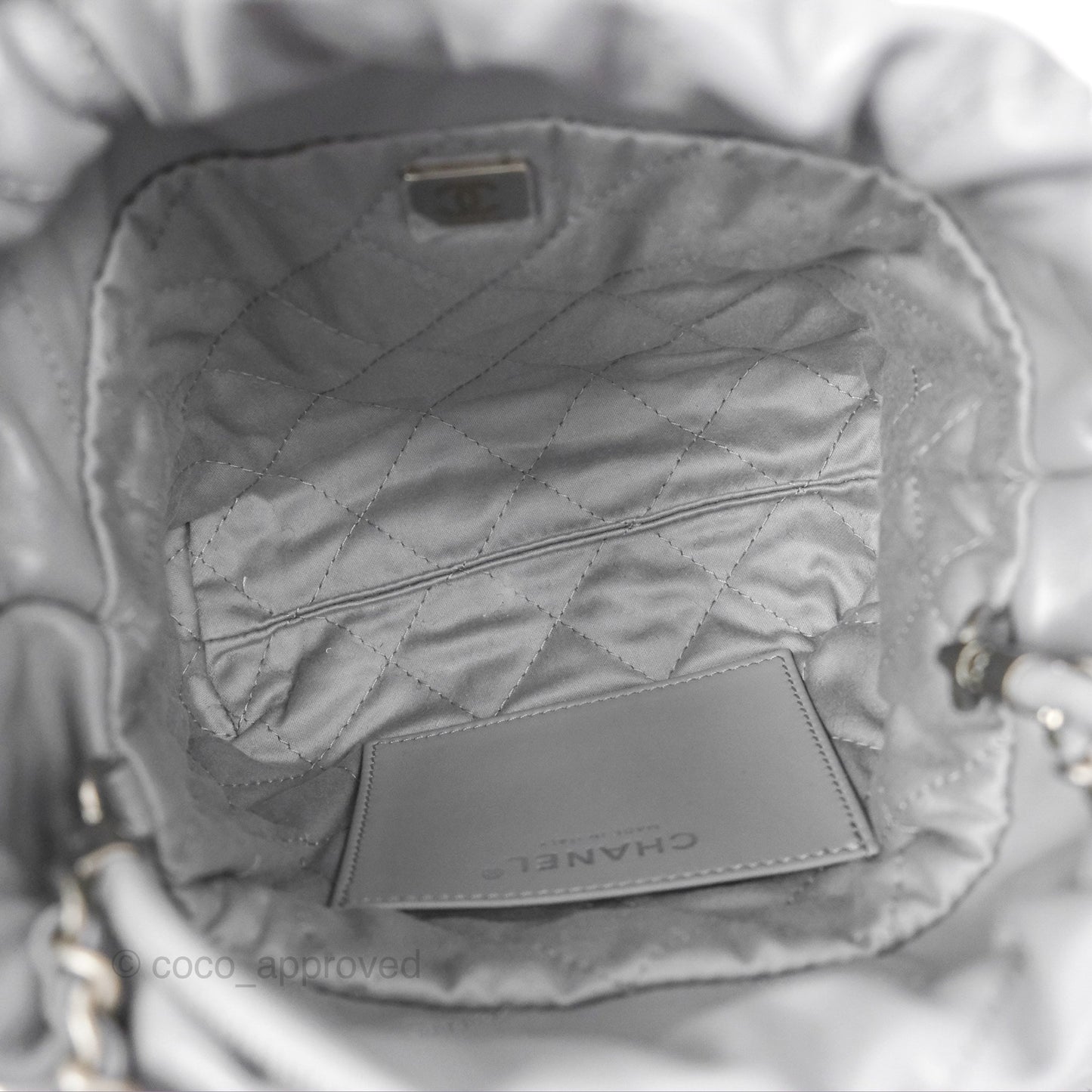 Chanel 22 Mini Bag Light Grey Shiny Crumpled Calfskin Matte Silver Hardware