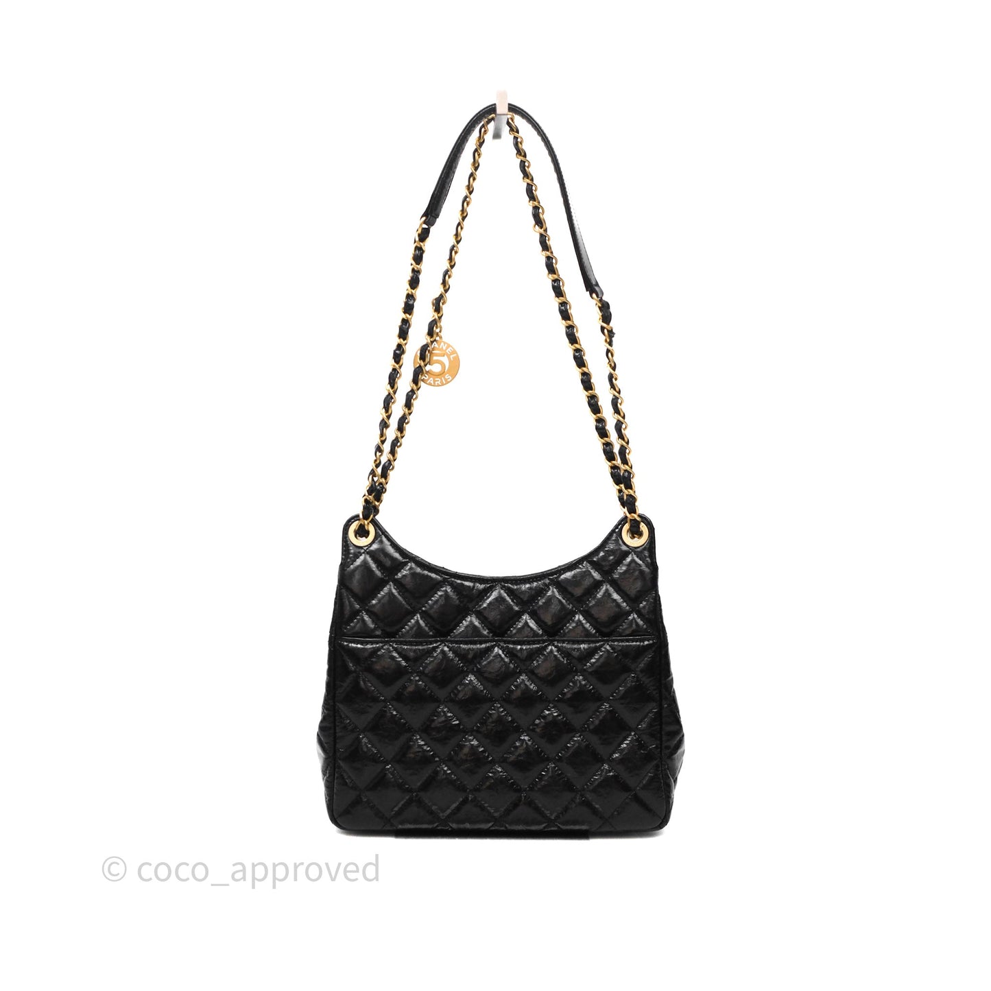 Chanel Medium Quilted Wavy CC Hobo Black Shiny Crumpled Calfskin Aged Gold Hardware