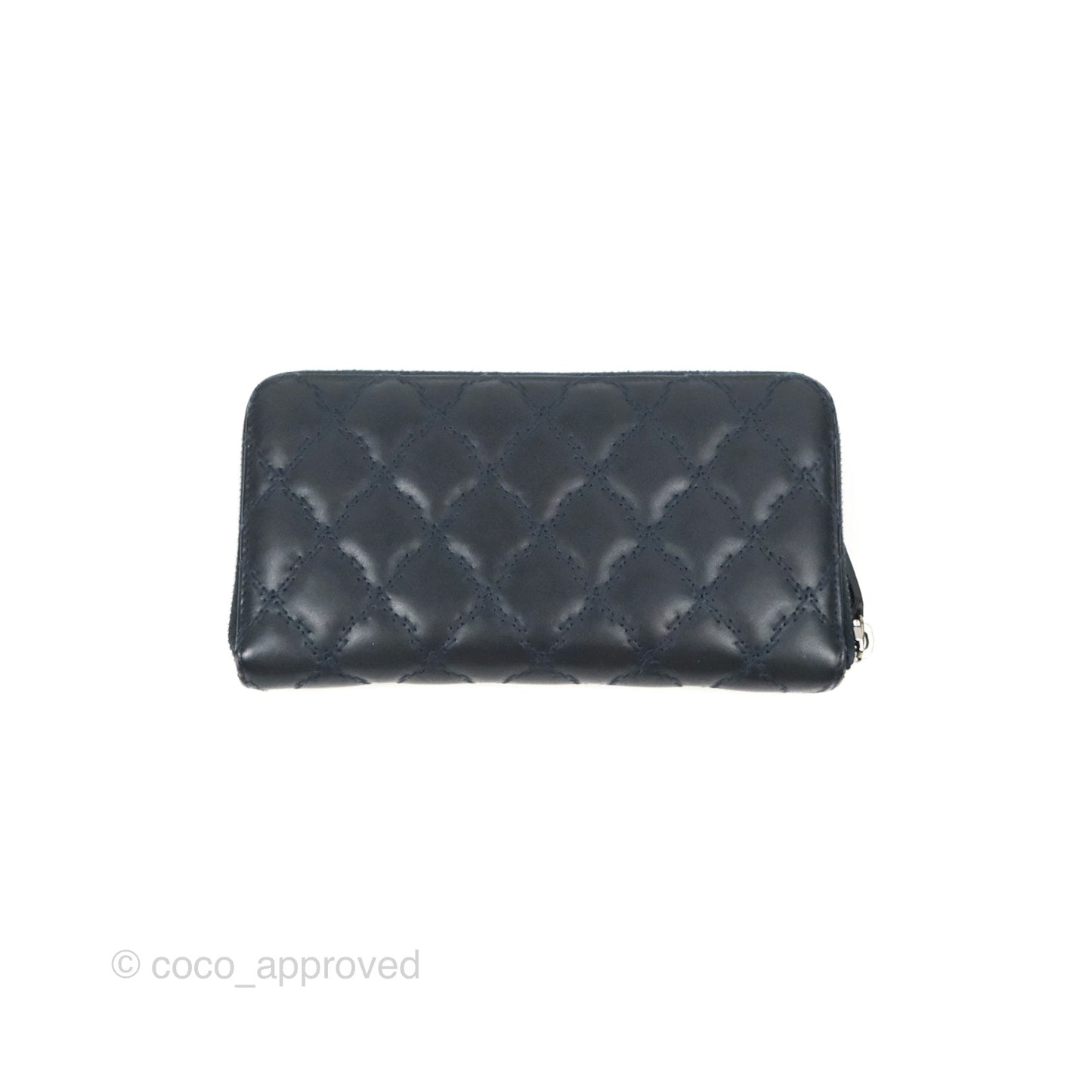 Chanel Quilted Zip Long Wallet Navy Lambskin Silver Hardware