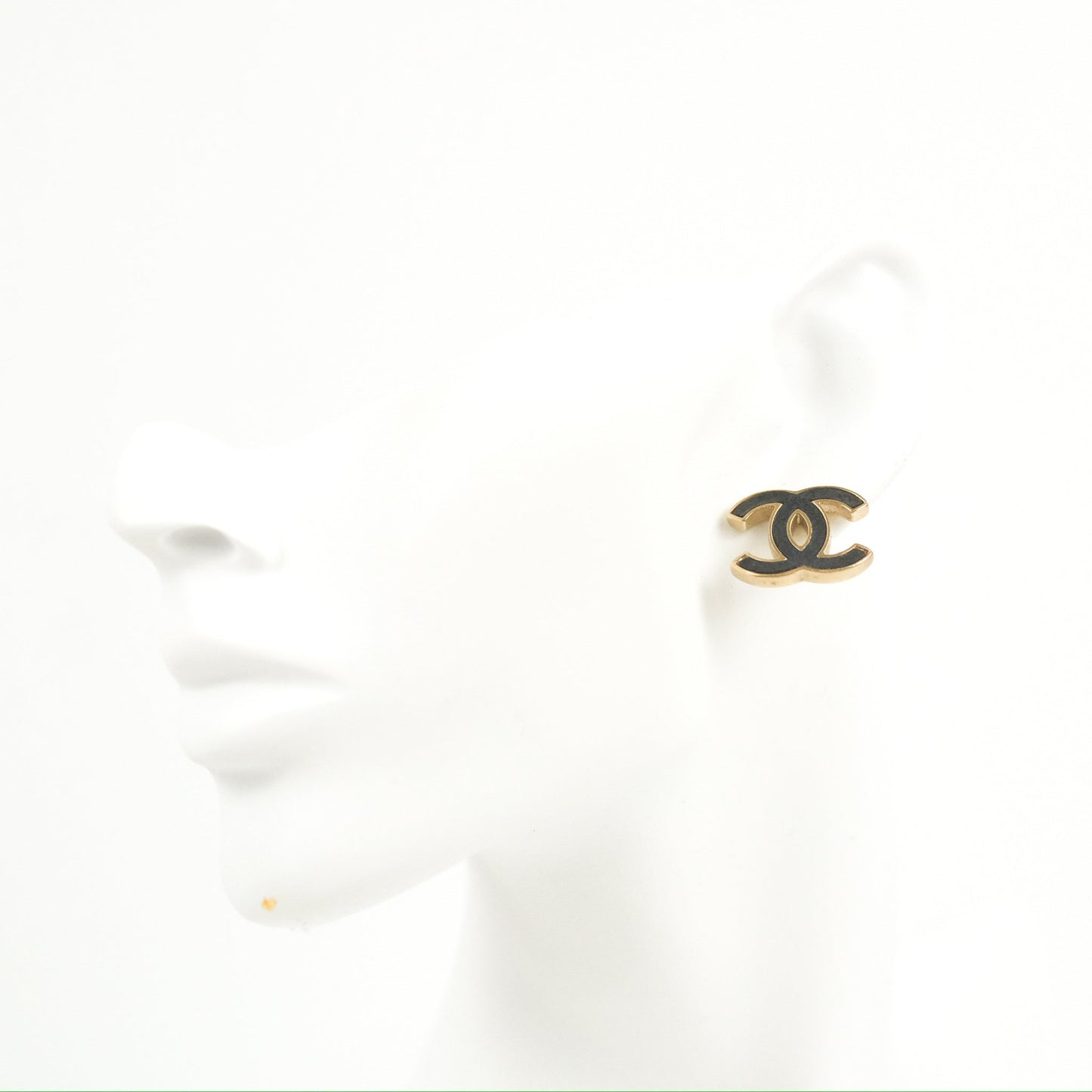 Chanel CC Black Leather Earrings Matte Gold Tone 12P