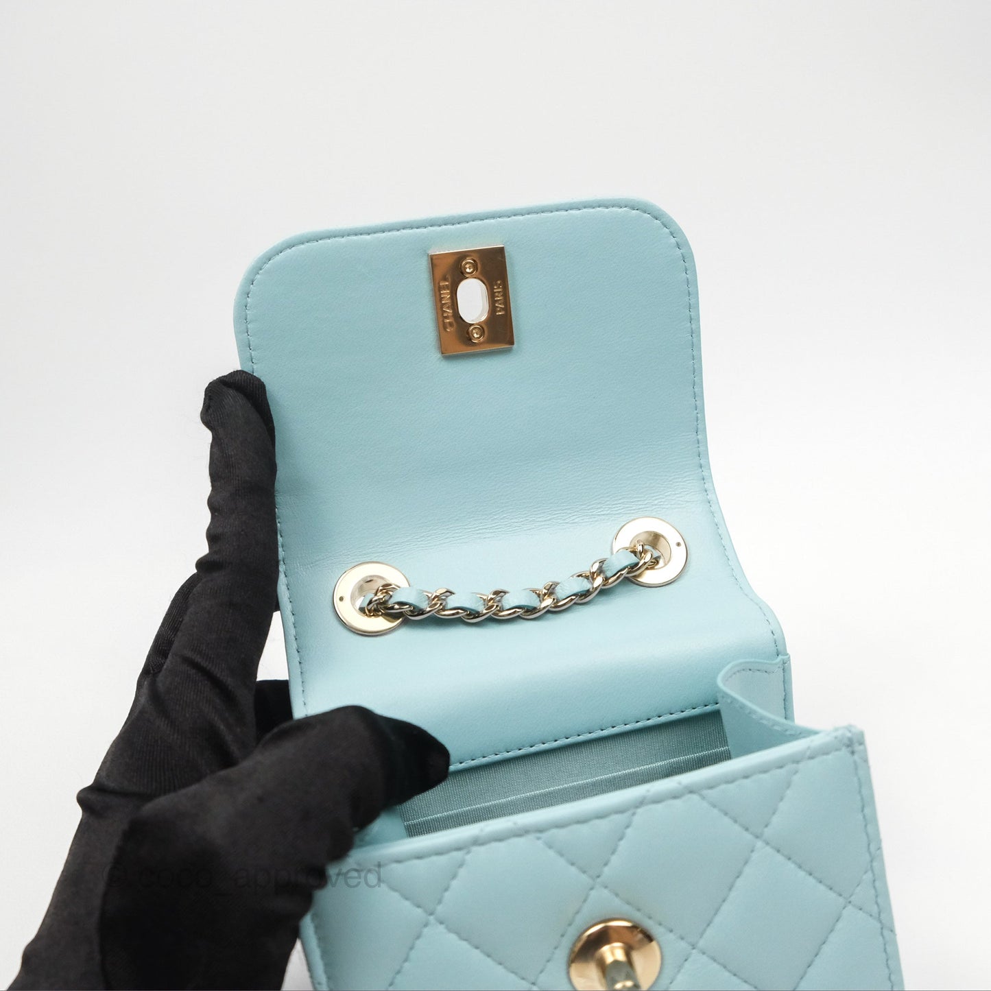 Chanel Mini Quilted Trendy CC Clutch With Chain Tiffany Blue Lambskin Gold Hardware