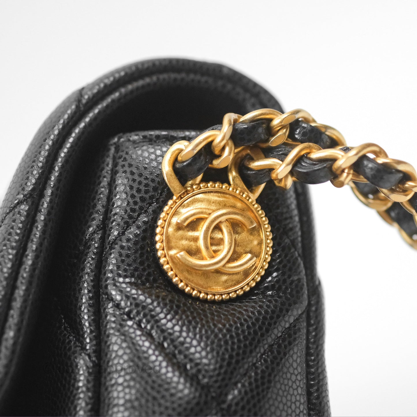 Chanel Mini Flap with Coin Charm Black Caviar Aged Gold Hardware 22A