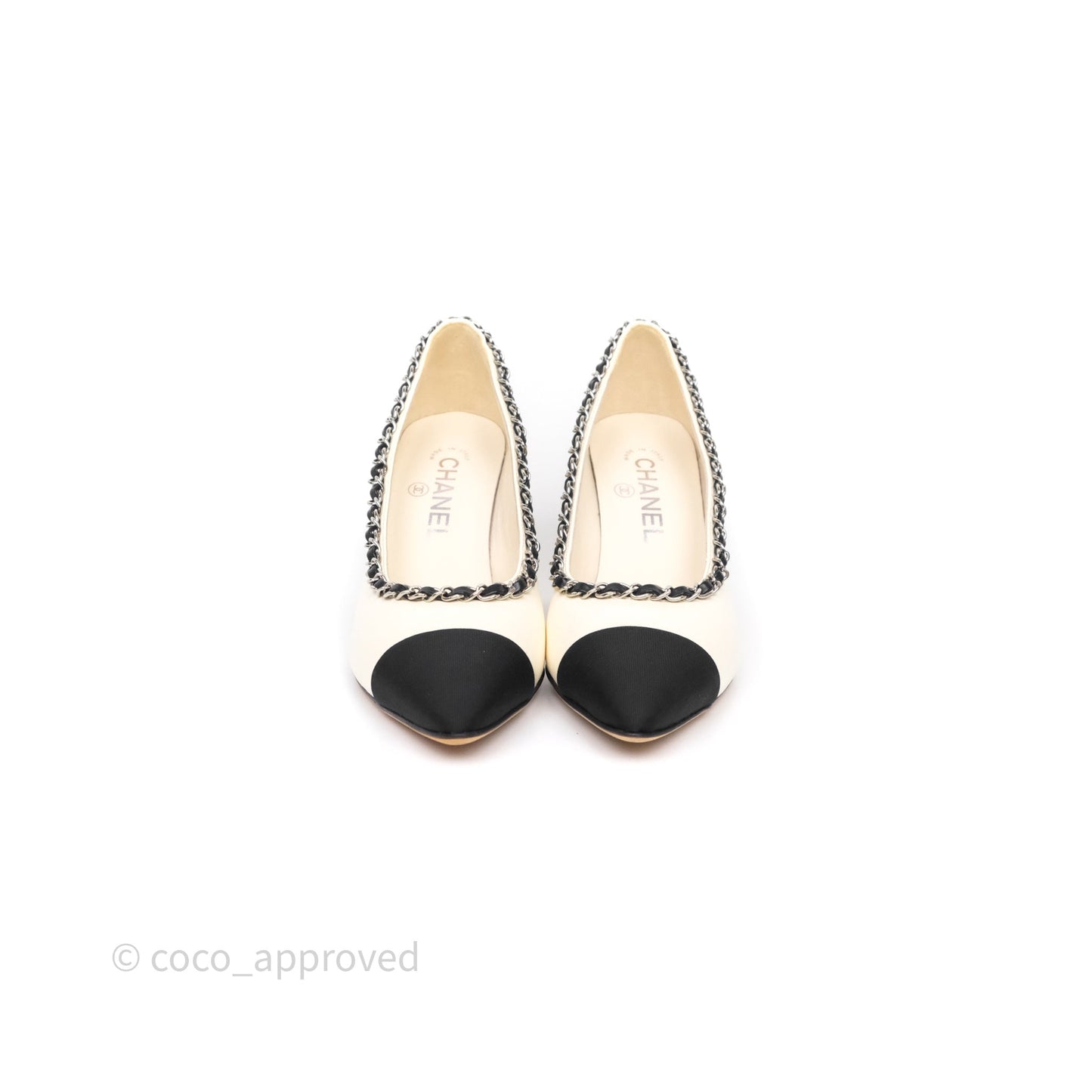 Chanel Classic Heels White With Black Leather Chain Size 36.5