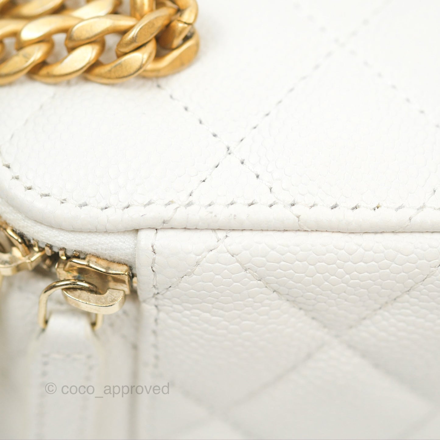 Chanel Quilted Heart Crush Mini Vanity With Chain White Caviar Aged Gold Hardware