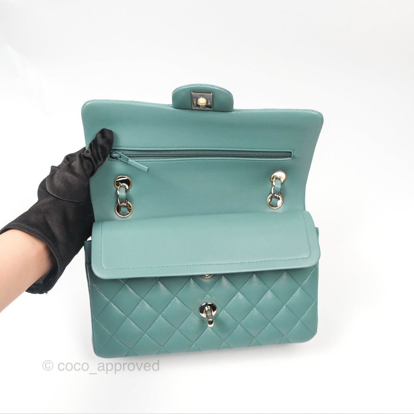 Chanel Small Quilted Classic Flap Dark Tiffany Green Lambskin Gold Hardware