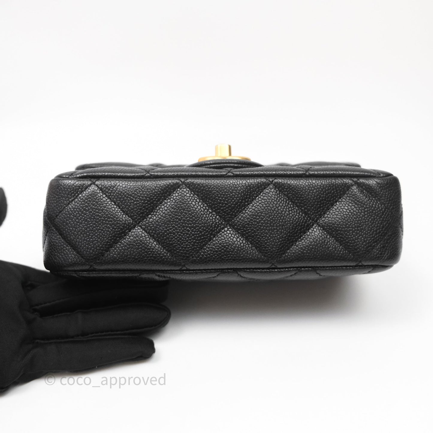 Chanel Mini Flap Bag Heart Adjustable Chain Black Caviar Aged Gold Hardware