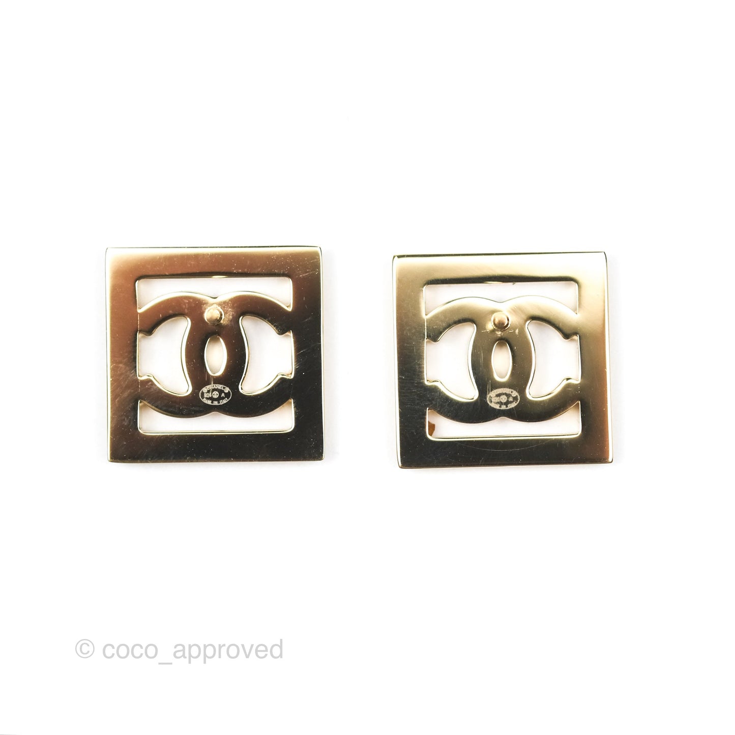 Chanel CC Square Black Earrings Gold Tone 24A