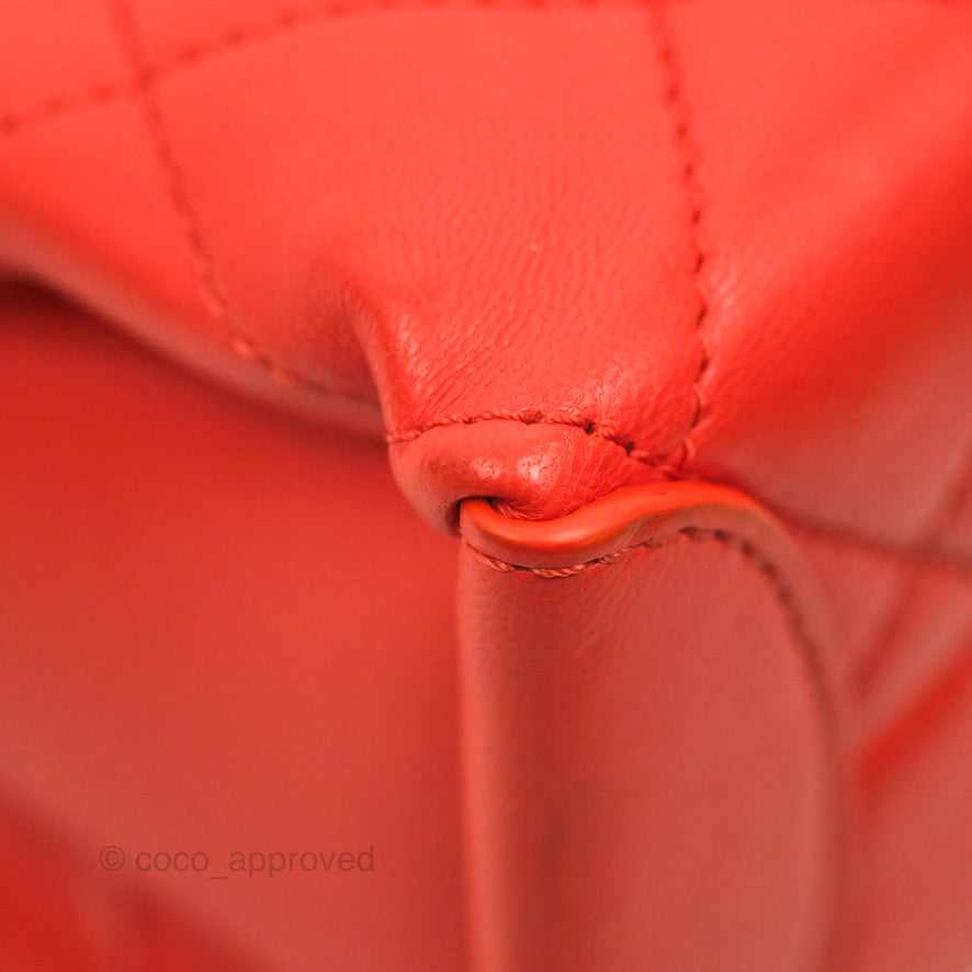 Chanel Top Handle Flap Bag Red Lambskin Aged Gold Hardware
