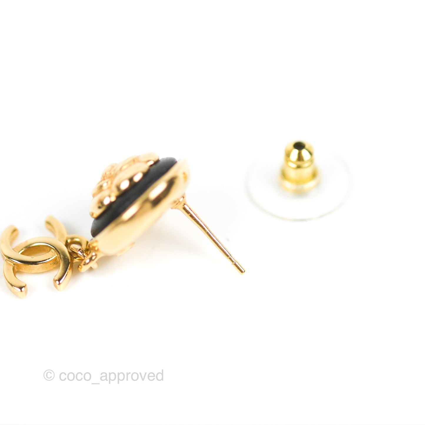 Chanel Round Camellia CC Earrings Black Leather Gold Tone 22A