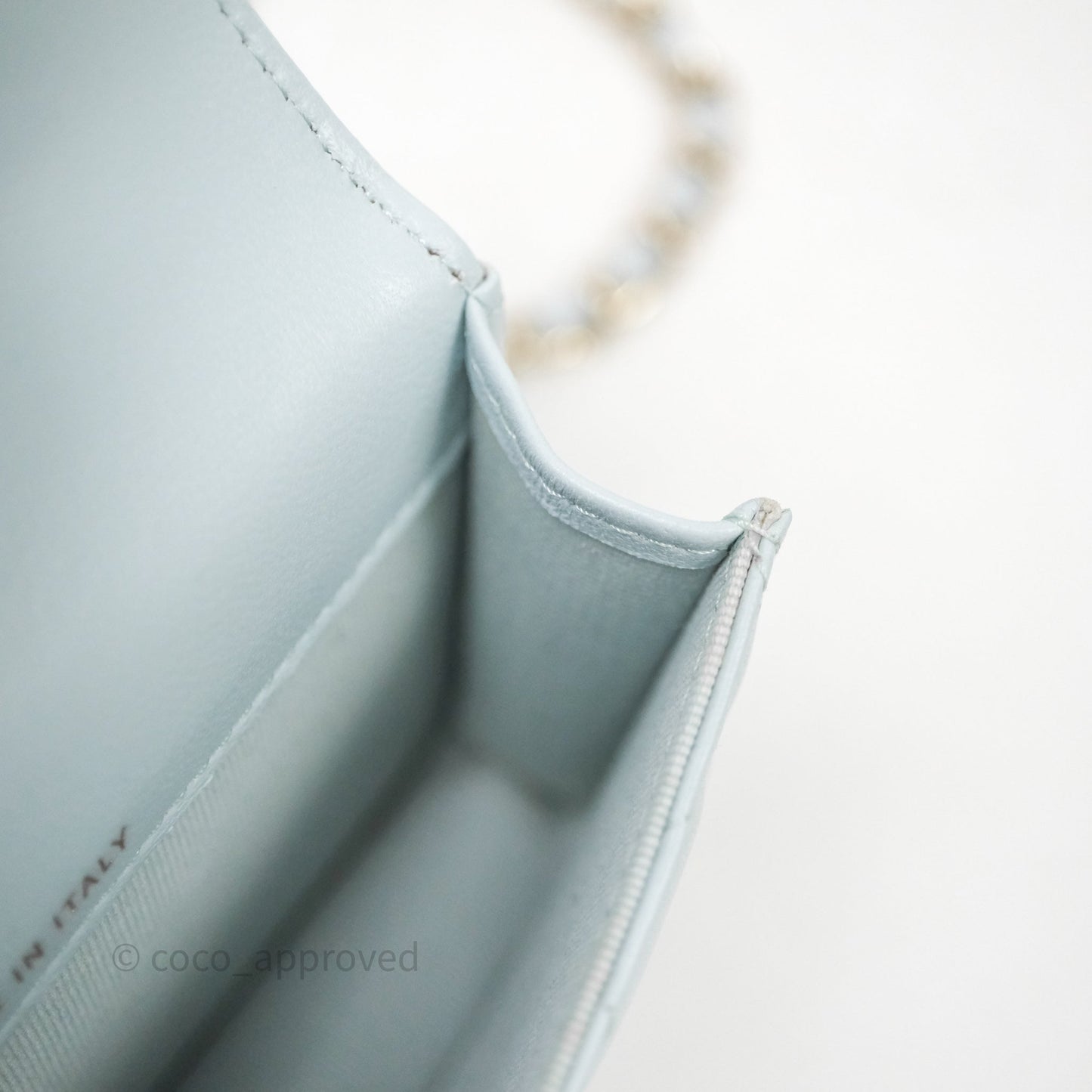 Chanel Mini Handle Flap Coin Purse With Chain Light Blue Lambskin Gold Hardware