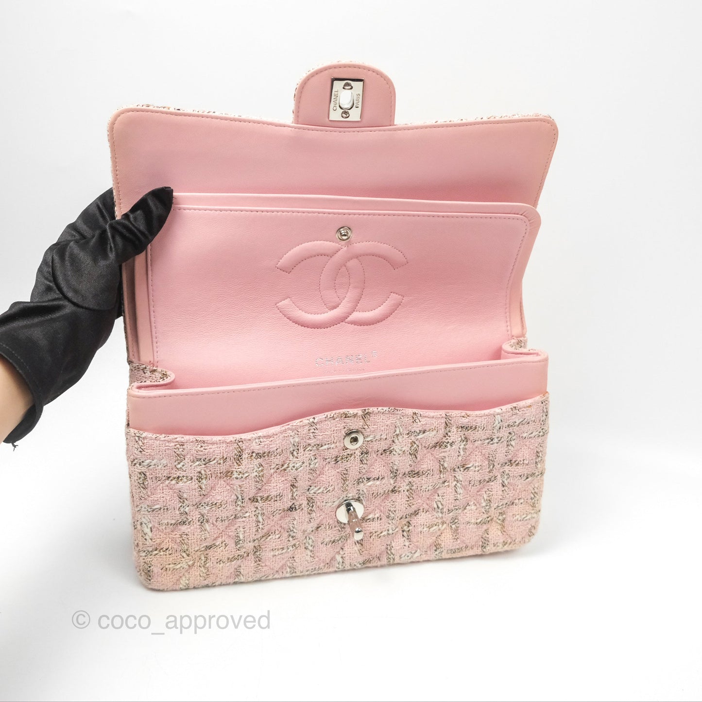 Chanel Classic M/L Medium Flap Quilted Pink Tweed Silver Hardware
