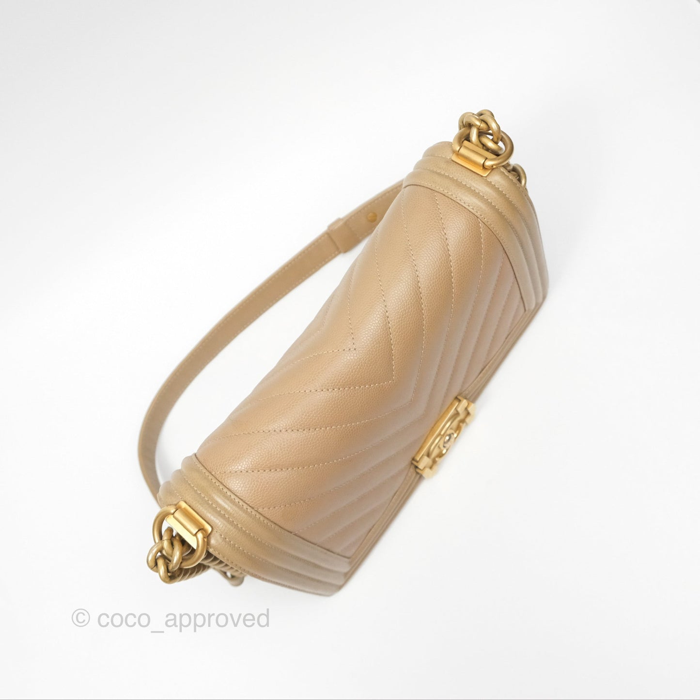 Chanel Medium Boy Chevron Beige Caviar Aged Gold Hardware