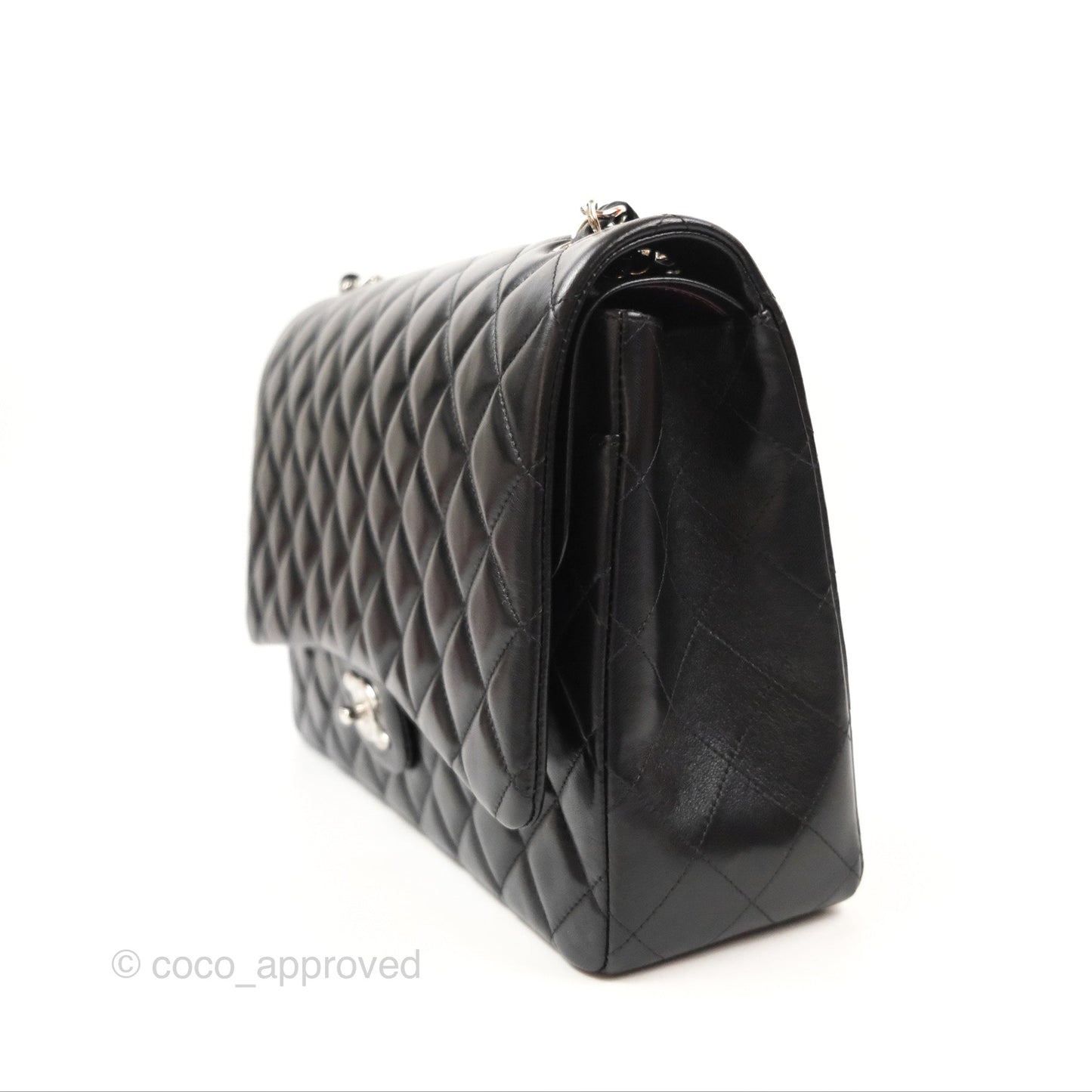 Chanel Quilted Maxi Double Flap Black Lambskin Silver Hardware