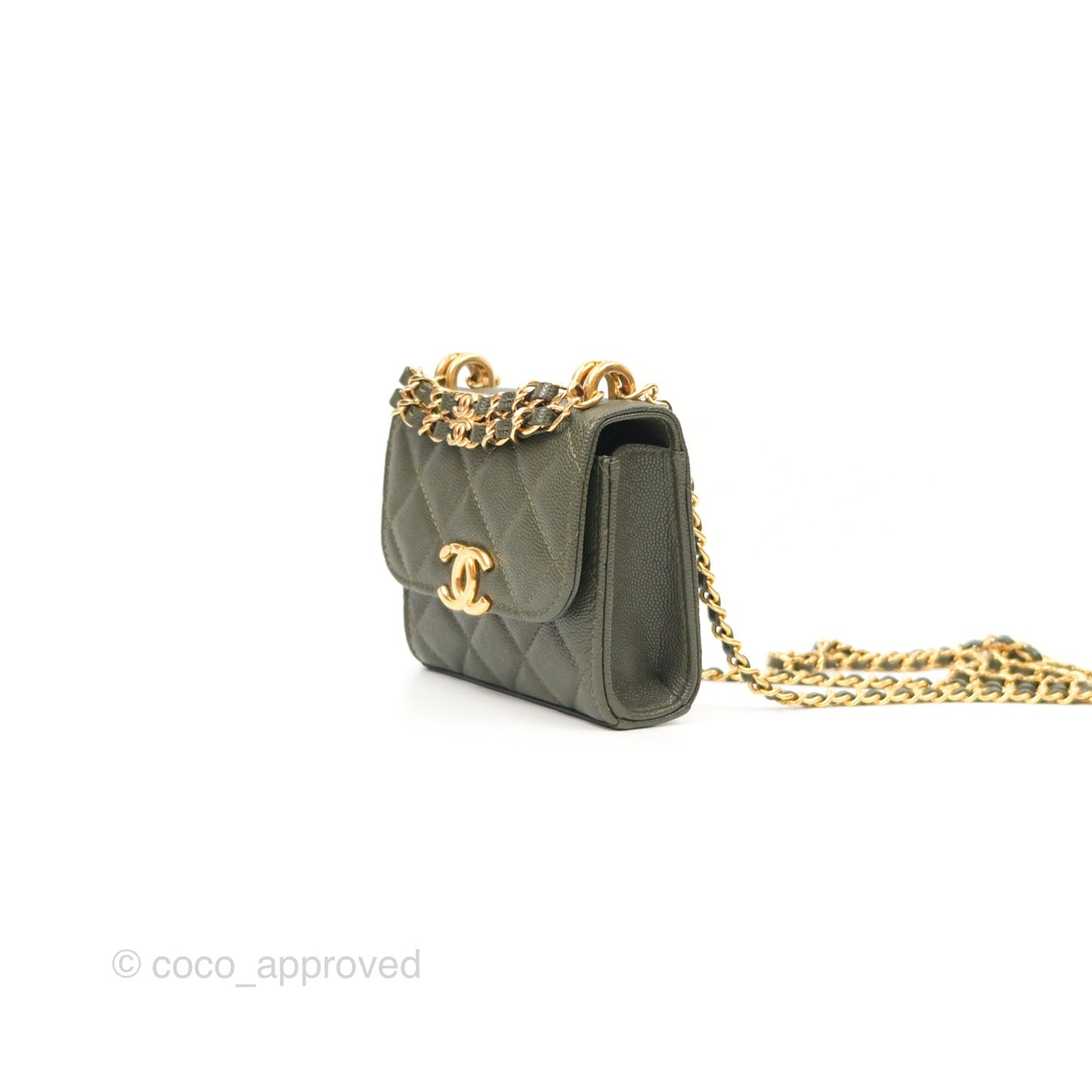 Chanel Coco First Mini Clutch On Chain Dark Olive Green Caviar Gold Hardware 22K