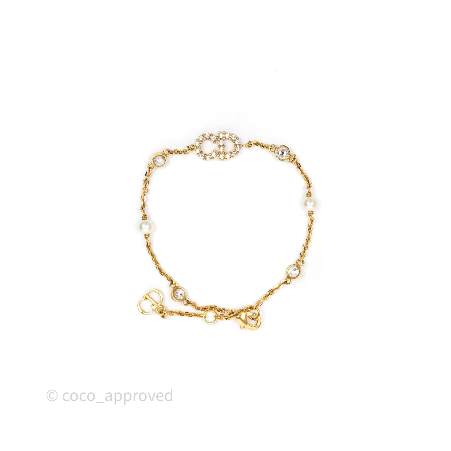 Christian Dior Metal Crystal Pearl CD Bracelet Gold Tone