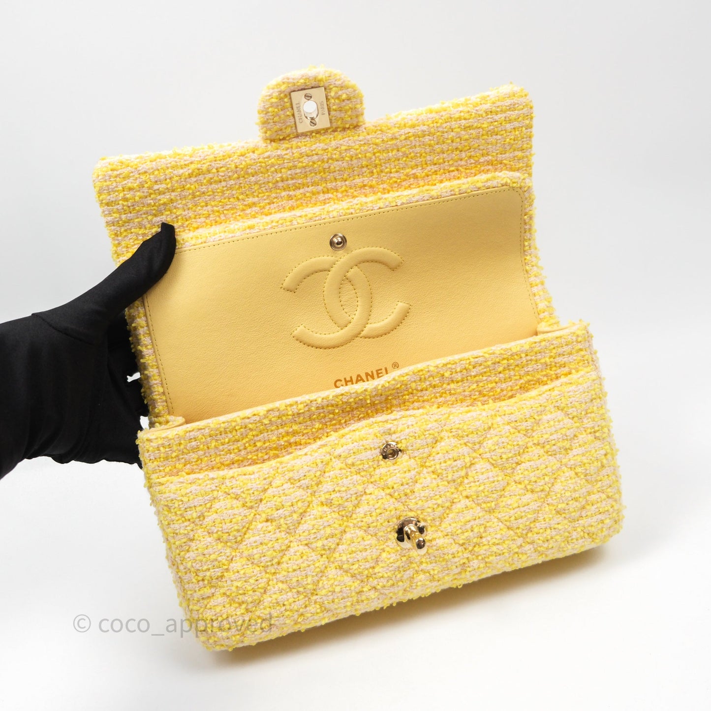 Chanel Classic M/L Medium Flap Quilted Yellow Tweed Gold Hardware