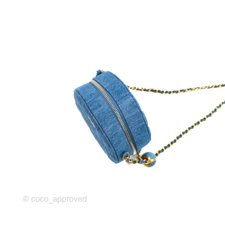 Chanel Quilted Pearl Crush Round Clutch With Chain Denim Aged Gold Hardware