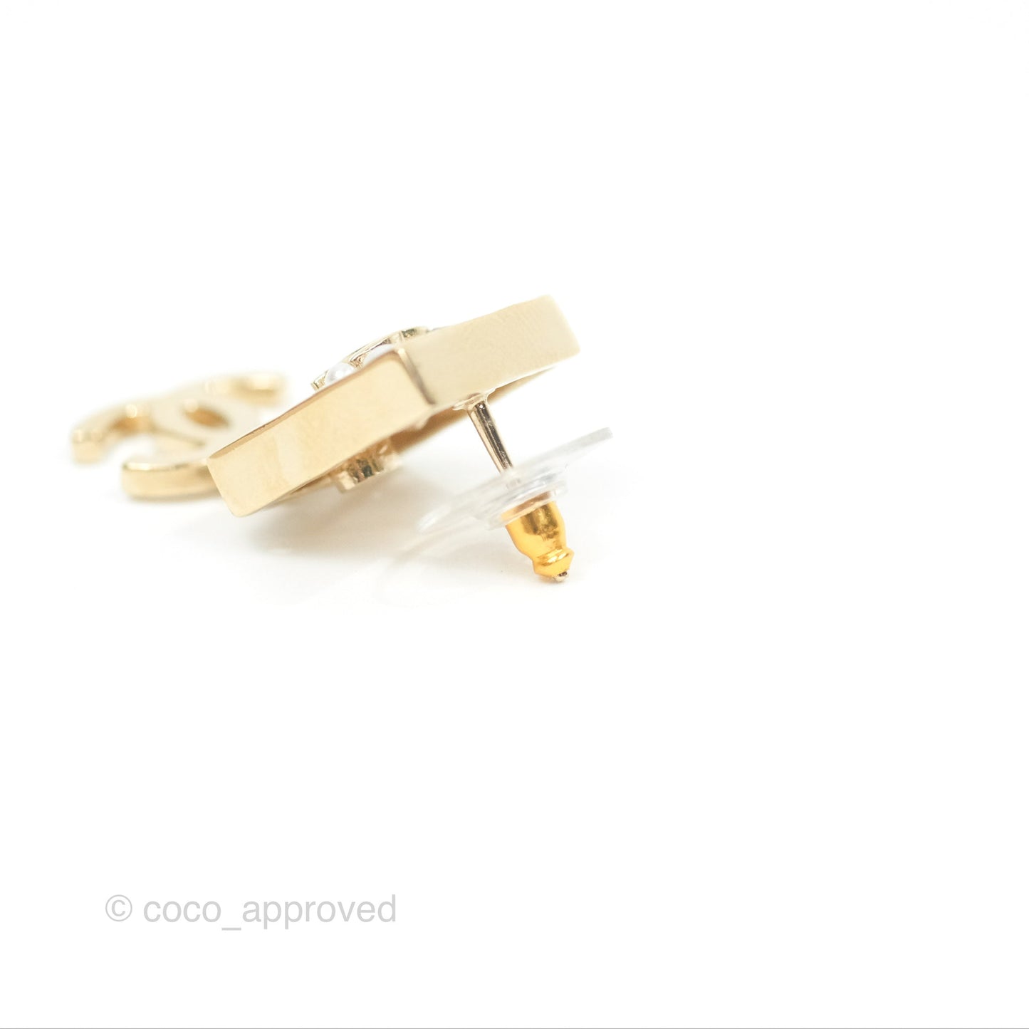 Chanel Square Crystal Pearl CC Drop Earrings Gold Tone 22C