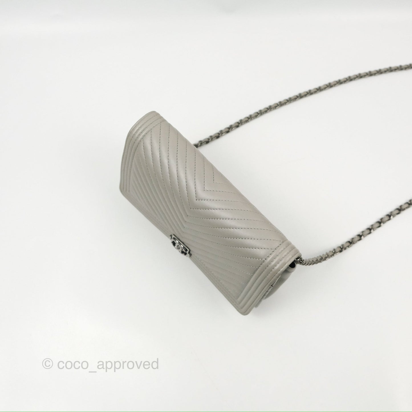 Chanel Chevron Boy Wallet on Chain WOC Grey Lambskin Gun Metal