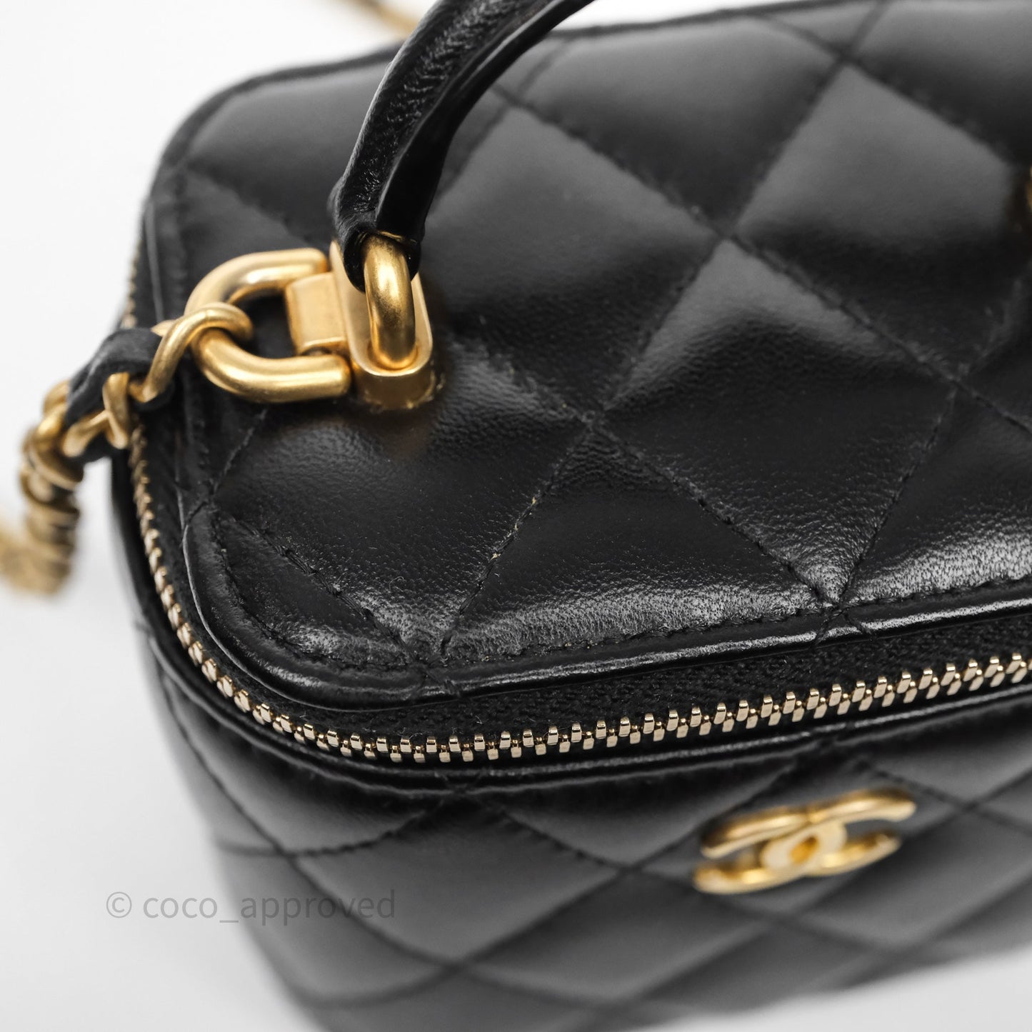 Chanel Mini Top Handle Vanity With Chain Black Lambskin Aged Gold Hardware