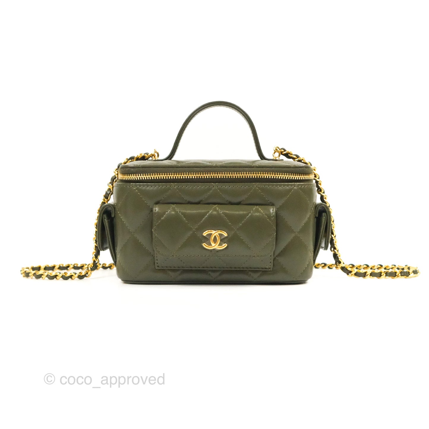 Chanel Cargo Pocket Top Handle Vanity with Chain Khaki Green Lambskin 22K