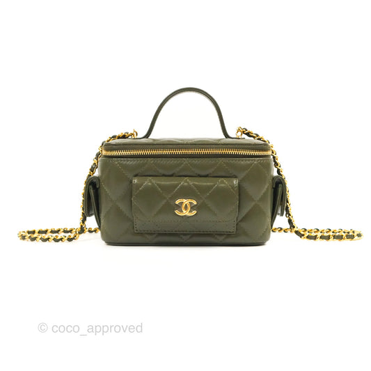 Chanel Cargo Pocket Top Handle Vanity with Chain Khaki Green Lambskin 22K