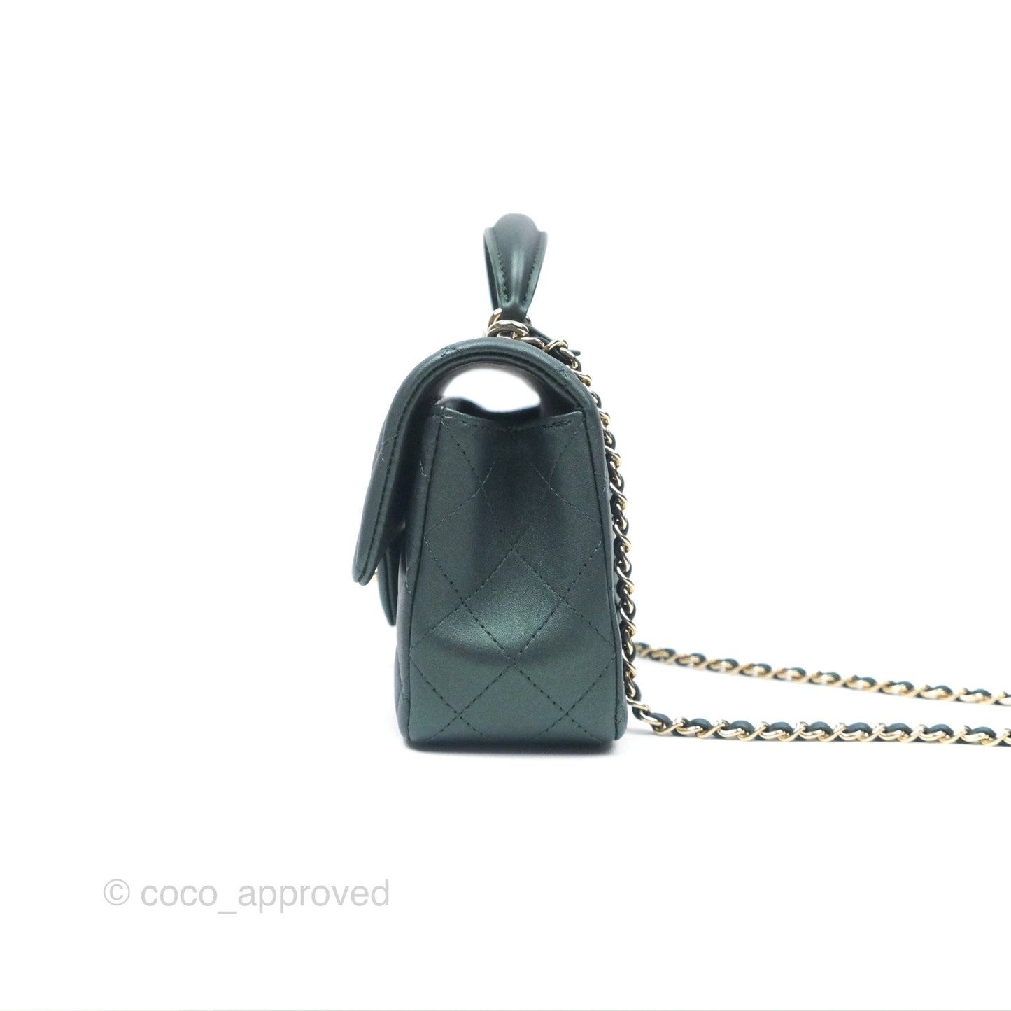Chanel Top Handle Mini Rectangular Flap Bag Iridescent Dark Green Lambskin Gold Hardware