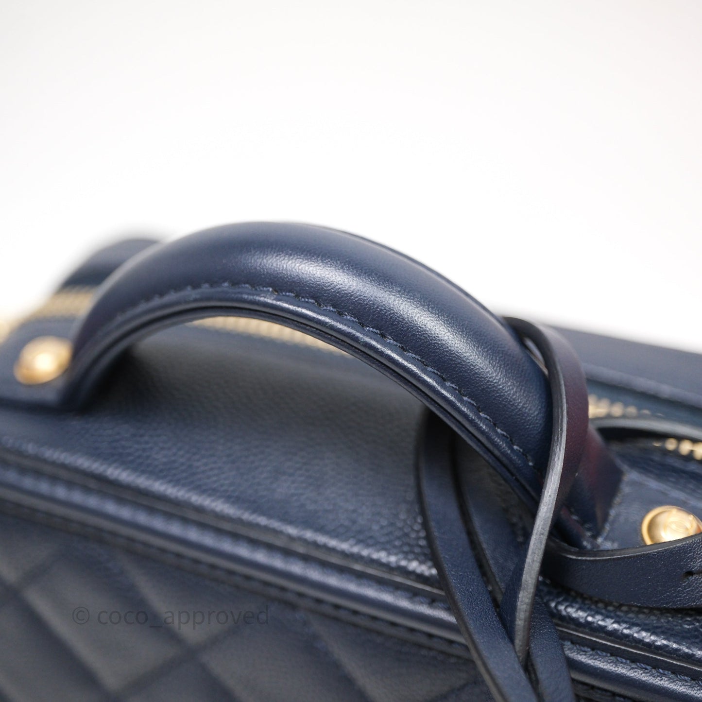 Chanel Quilted Small CC Filigree Vanity Case Navy Caviar Gold Hardware