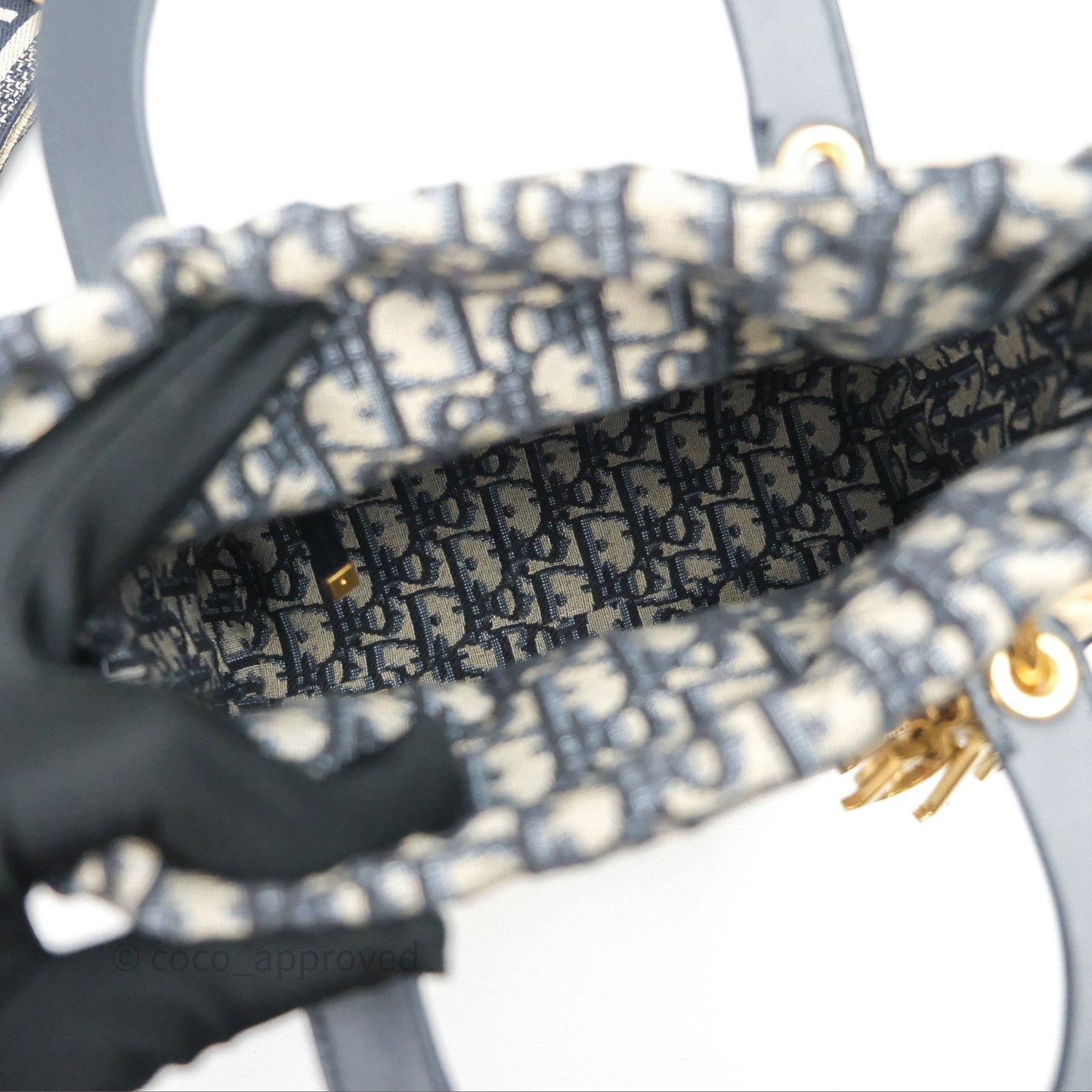 Christian Dior Medium Lady Dior Natural Rattan and Blue Dior Oblique Jacquard