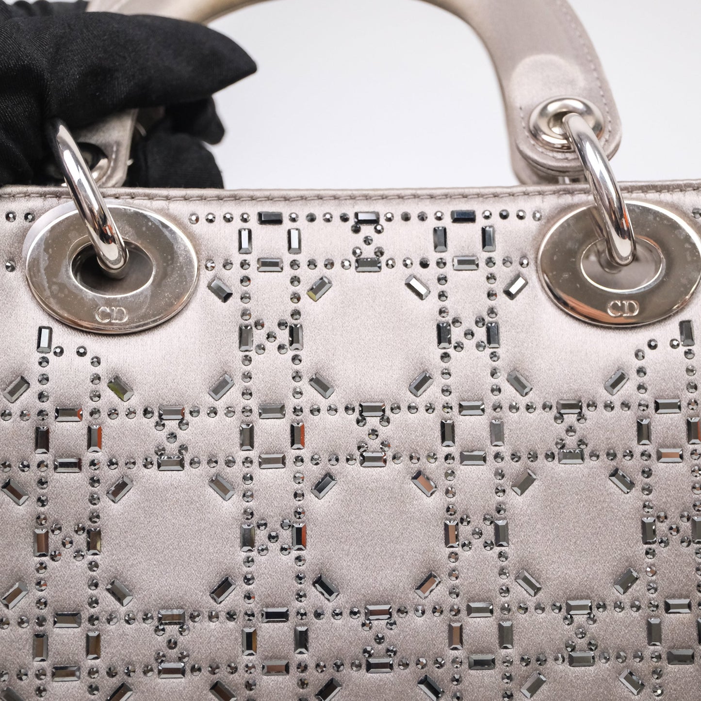 Christian Dior Mini Lady Dior Bag Grey Strass Cannage Satin Silver Hardware