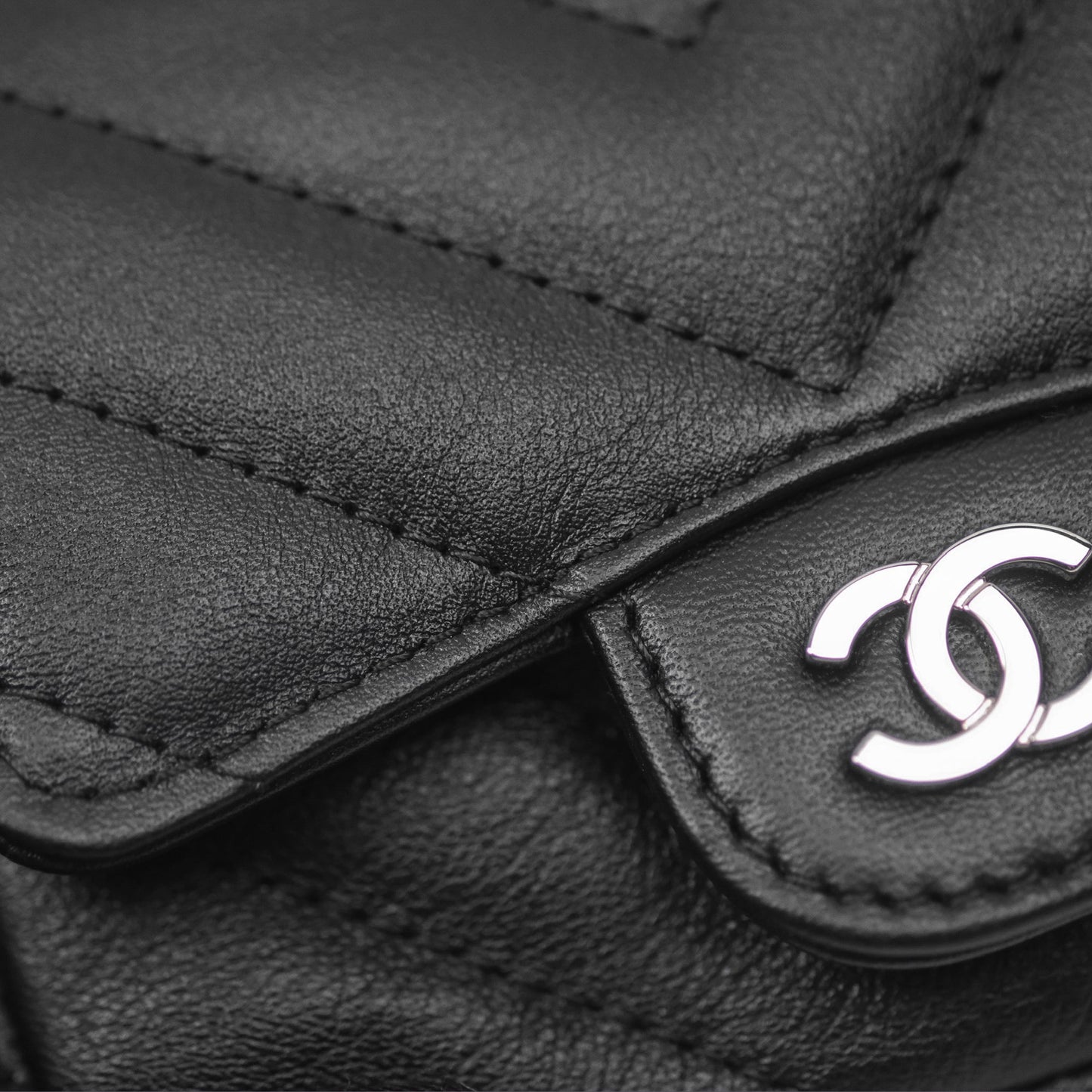 Chanel Mini Card Holder Chain Belt Bag Chevron Black Calfskin Silver Hardware
