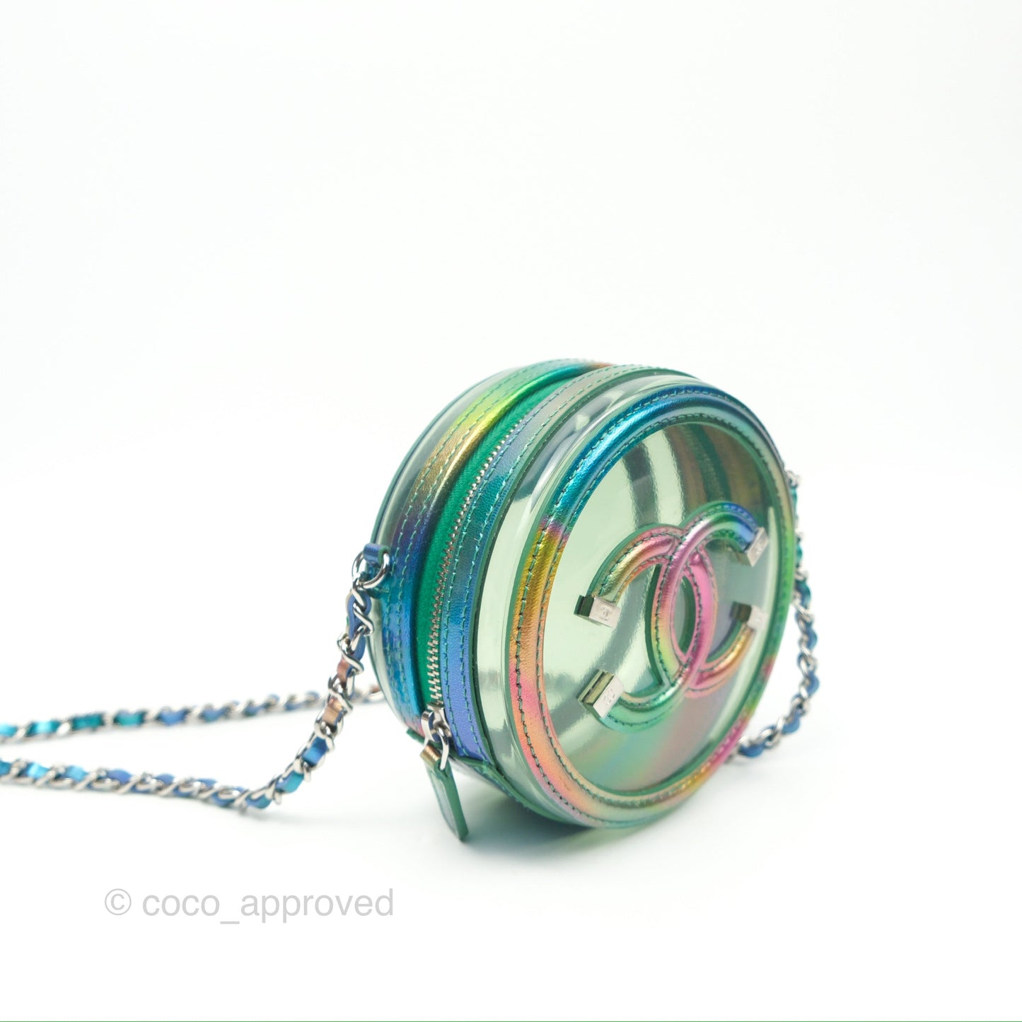 Chanel Filigree Rainbow Green PVC Round Clutch With Chain Silver Hardware 20C
