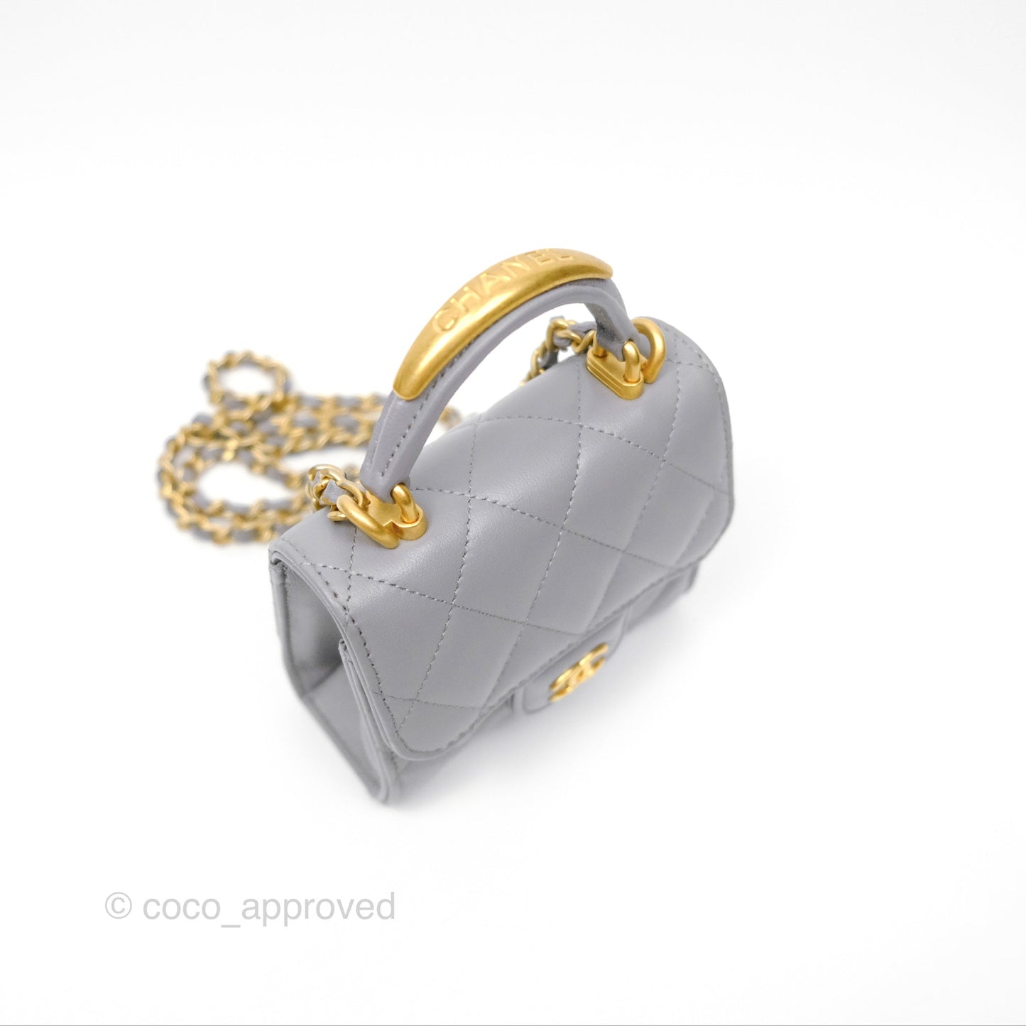 Chanel Mini Metal Handle Clutch With Chain Grey Lambskin Gold Hardware