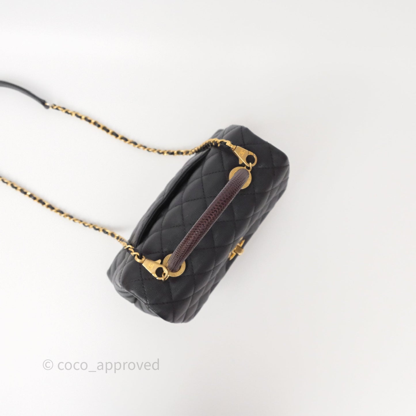 Chanel Small Coco Handle Black Caviar Gold Hardware Lizard Embossed Handle