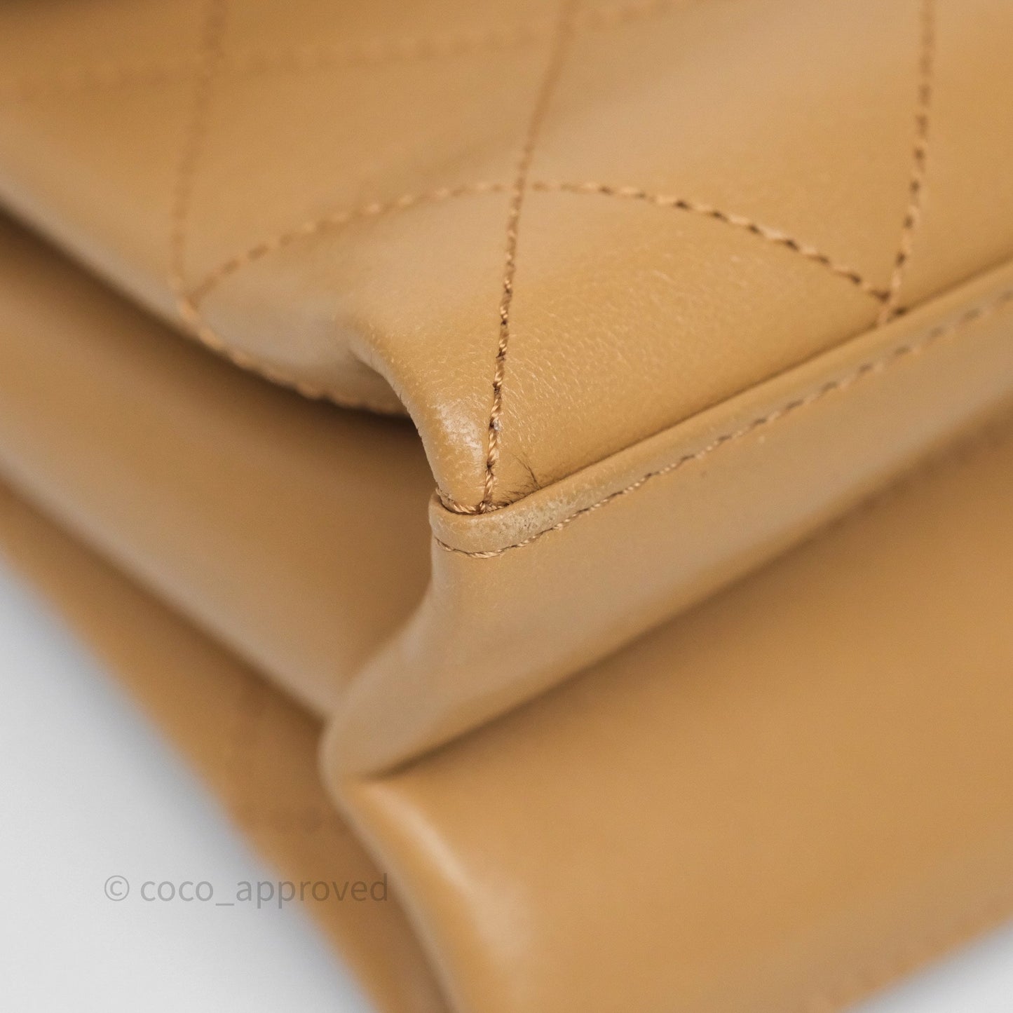 Chanel Small Coco Luxe Flap Bag Caramel Beige Calfskin Aged Gold Hardware