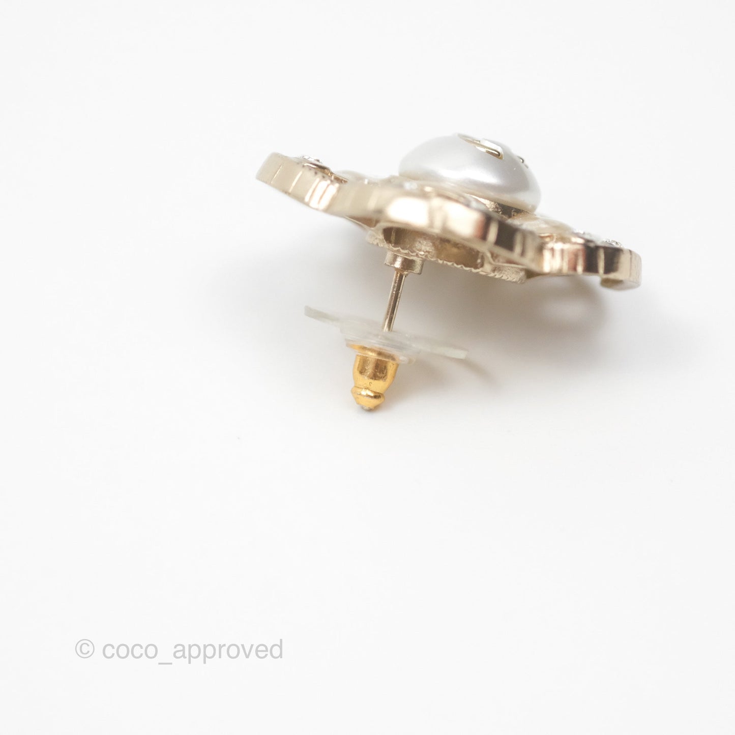 Chanel Crystal Pearl CC Flower Earrings Gold Tone 21B