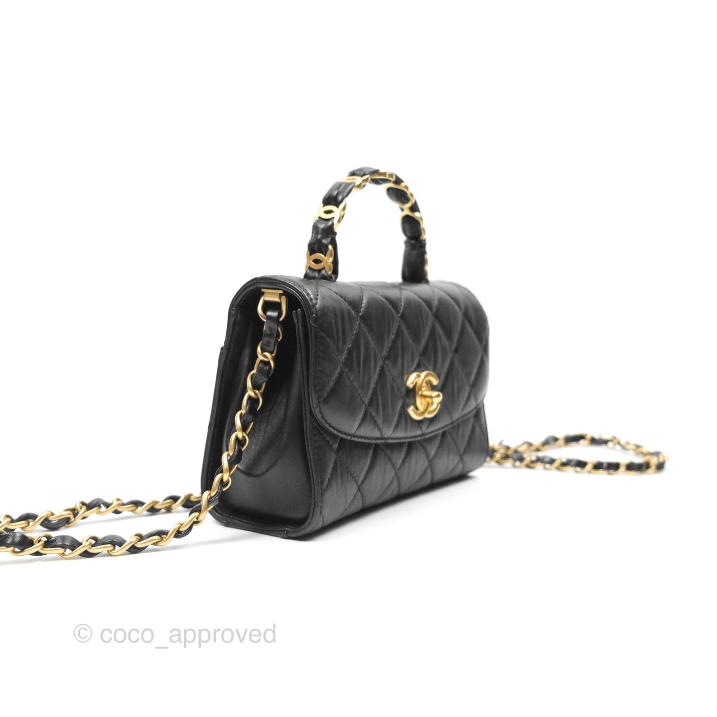 Chanel Mini Wrapped Handle Flap Bag Black Crumpled Lambskin Aged Gold Hardware 21S