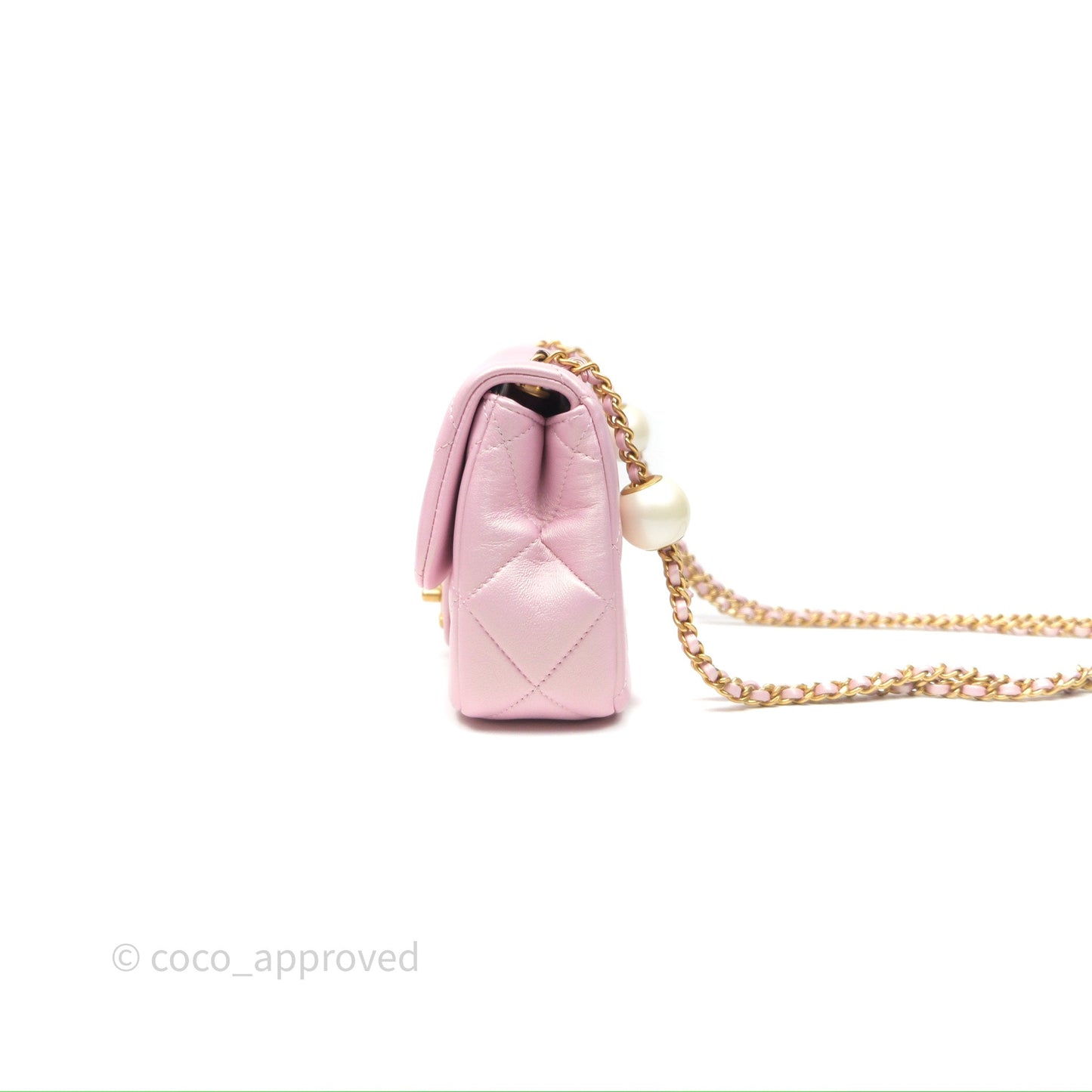 Chanel Mini Flap Bag With Pearl Adjustable Chain Iridescent Pink Lambskin Aged Gold Hardware