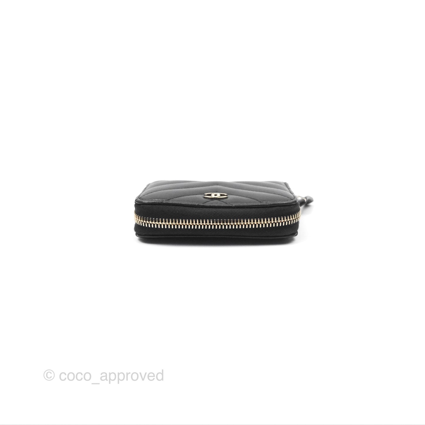 Chanel Chevron Zipped Coin Purse Black Lambskin Gold Hardware