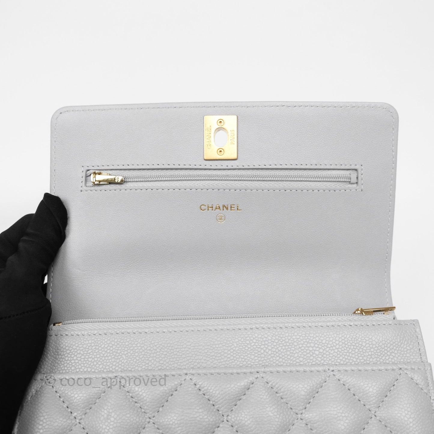 Chanel Heart Adjustable Chain WOC Grey Caviar Aged Gold Hardware
