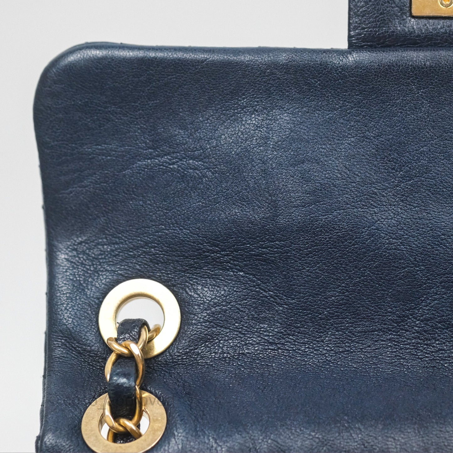 Chanel Small Chevron Surpique Flap Navy Calfskin Aged Gold Hardware